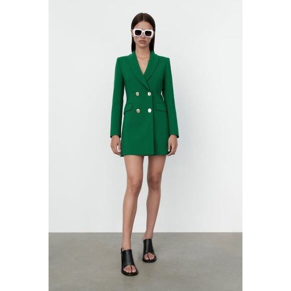Zara Green Blazer Dress Women’s Small Double Breasted Long Sleeve Blogger Fav - Picture 8 of 8